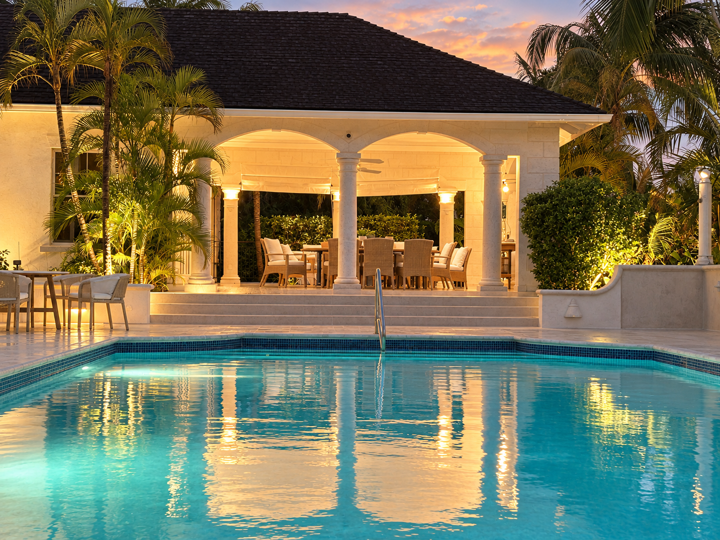 Arched patio glowing with warm lights and set with a dining table, reflected in the pool at dusk